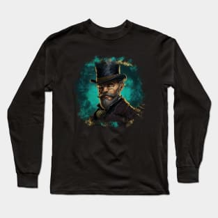 Vintage Design Illustration - Distinguished Gentleman in Glasses, Mustache, and Beard, Wearing a Suit with a Top Hat, Against a Turquoise Background. Long Sleeve T-Shirt